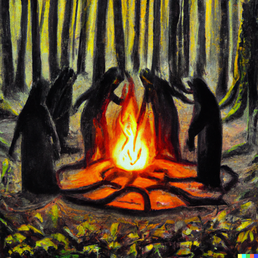 A summoning circle around a fire in the woods