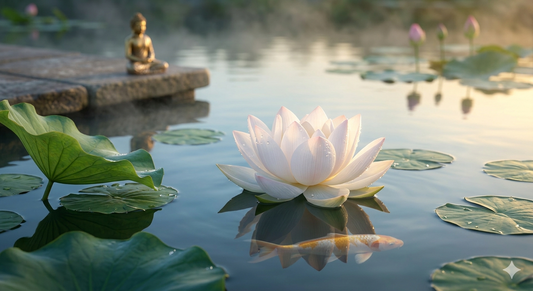 A Buddha in lotus pose by a lotus pond — the Rosicrucian path of altruism