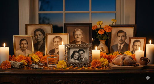 An ancestor altar with photographs and offerings