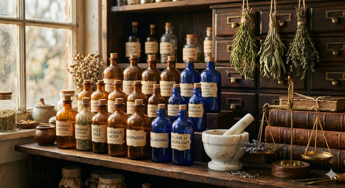 A working apothecary shelf with labeled jars