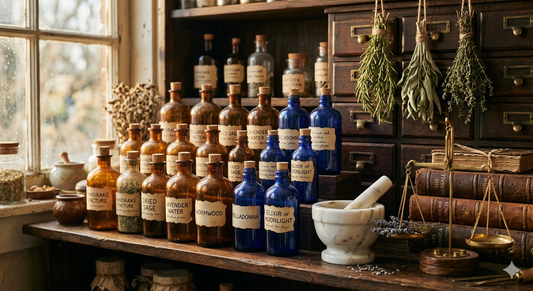 A working apothecary shelf with labeled jars