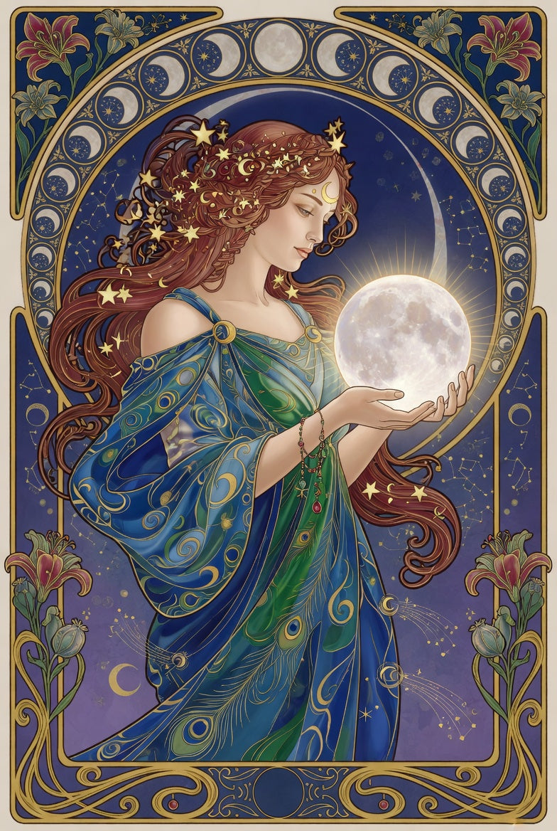 An art nouveau moon goddess in gilded line