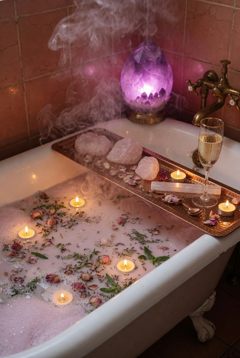 A ritual bath with herbs and a single candle
