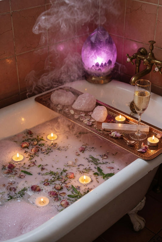 A ritual bath with herbs and a single candle