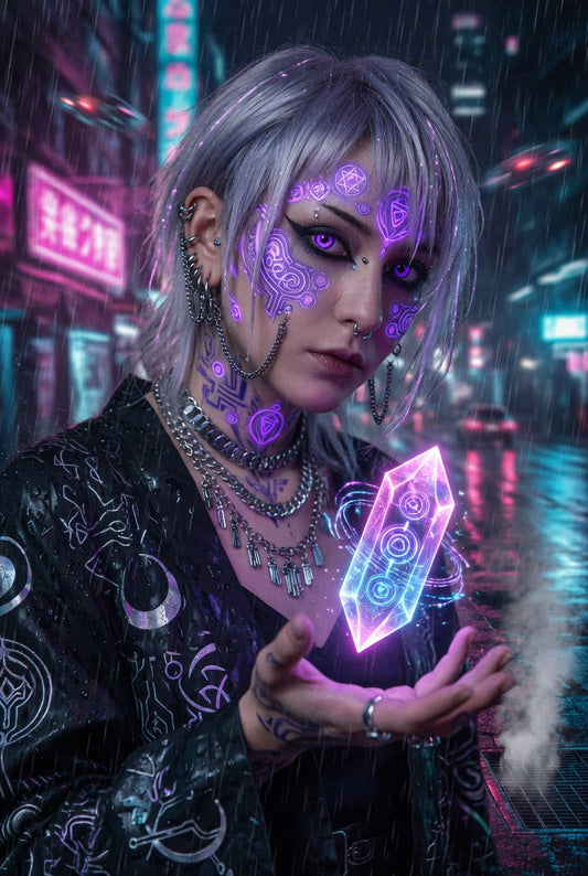 A neon-lit altar with chrome and synthetic flowers