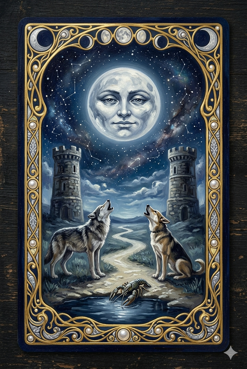The Moon tarot card under a dark sky