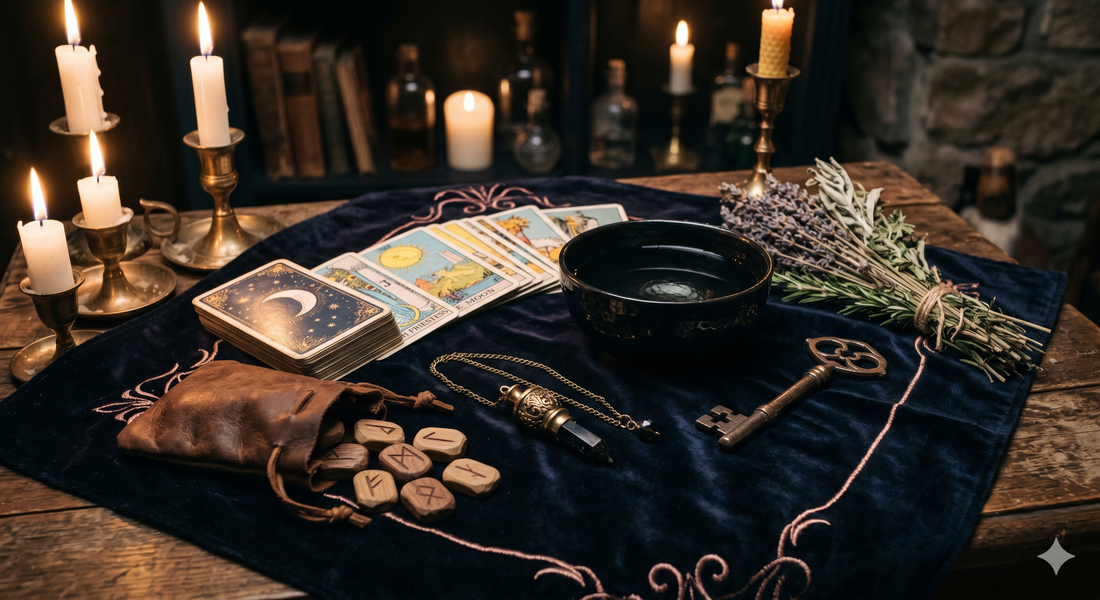 A diviner's tools laid out on a dark cloth