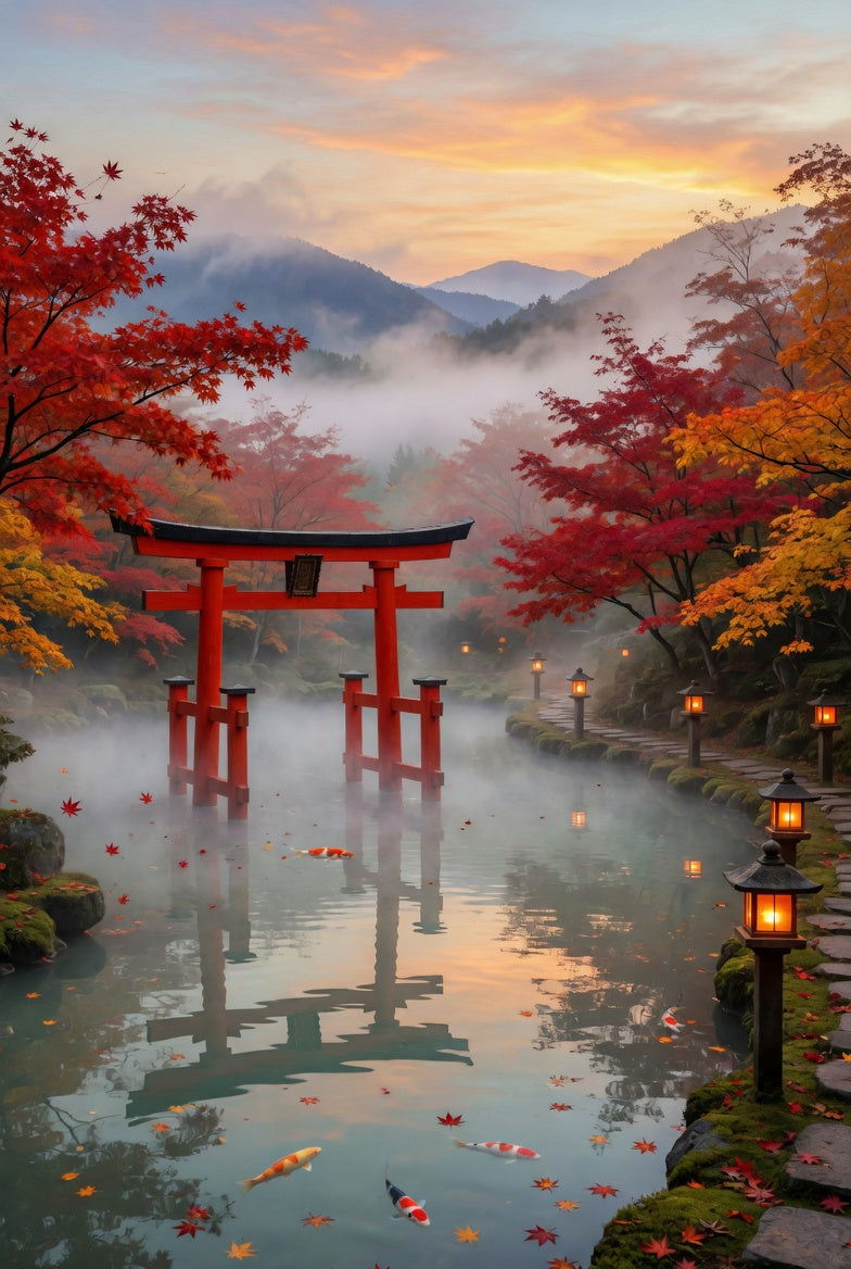 A Japanese torii gate reflected in an autumn pond — the door that opens into itself
