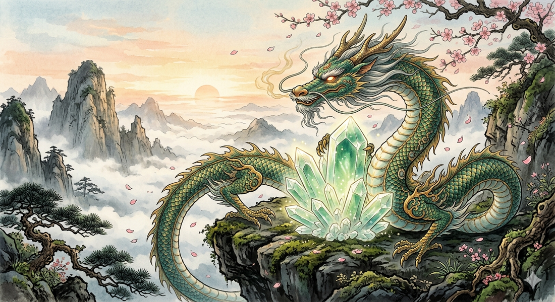 An eastern dragon coiled around a crystal cluster