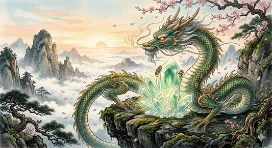 An eastern dragon coiled around a crystal cluster