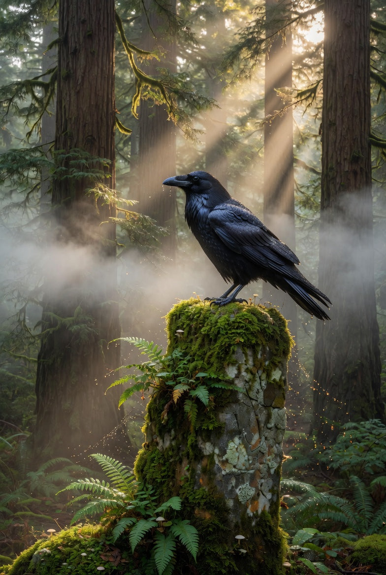 A raven in a misty redwood forest — the quiet weight of grief