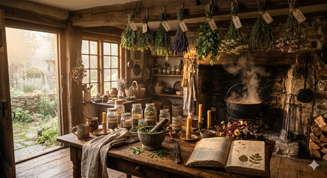 A hedgewitch's kitchen with drying herbs and a single candle