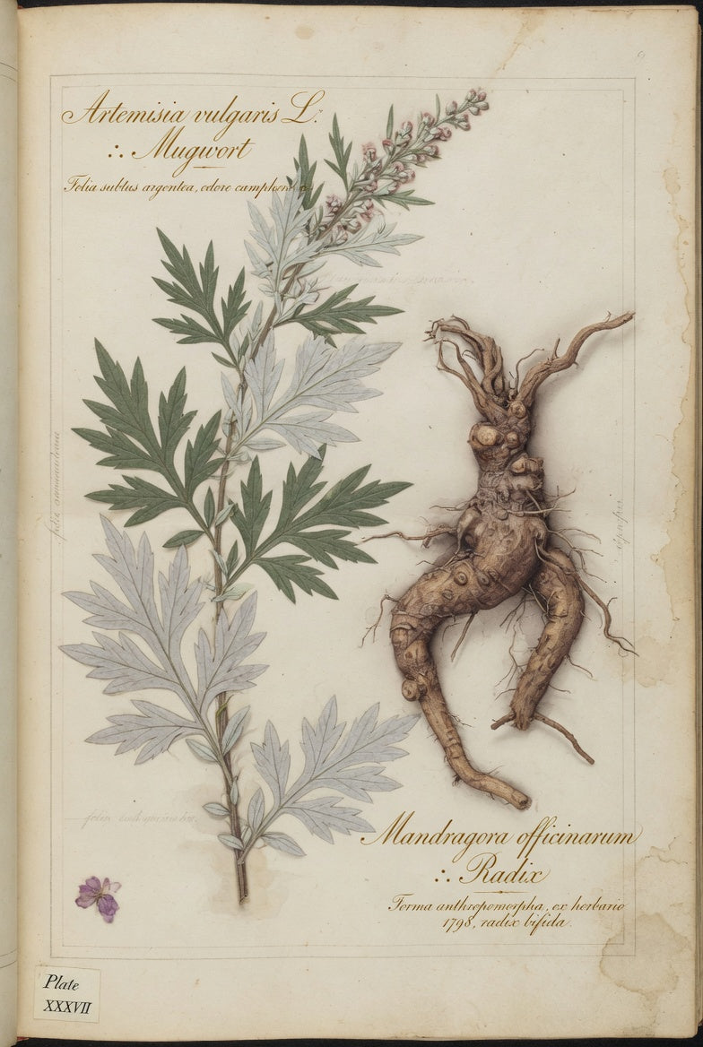 Mugwort and mandrake in a botanical herbarium plate