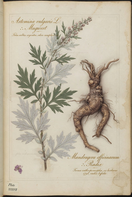 Mugwort and mandrake in a botanical herbarium plate