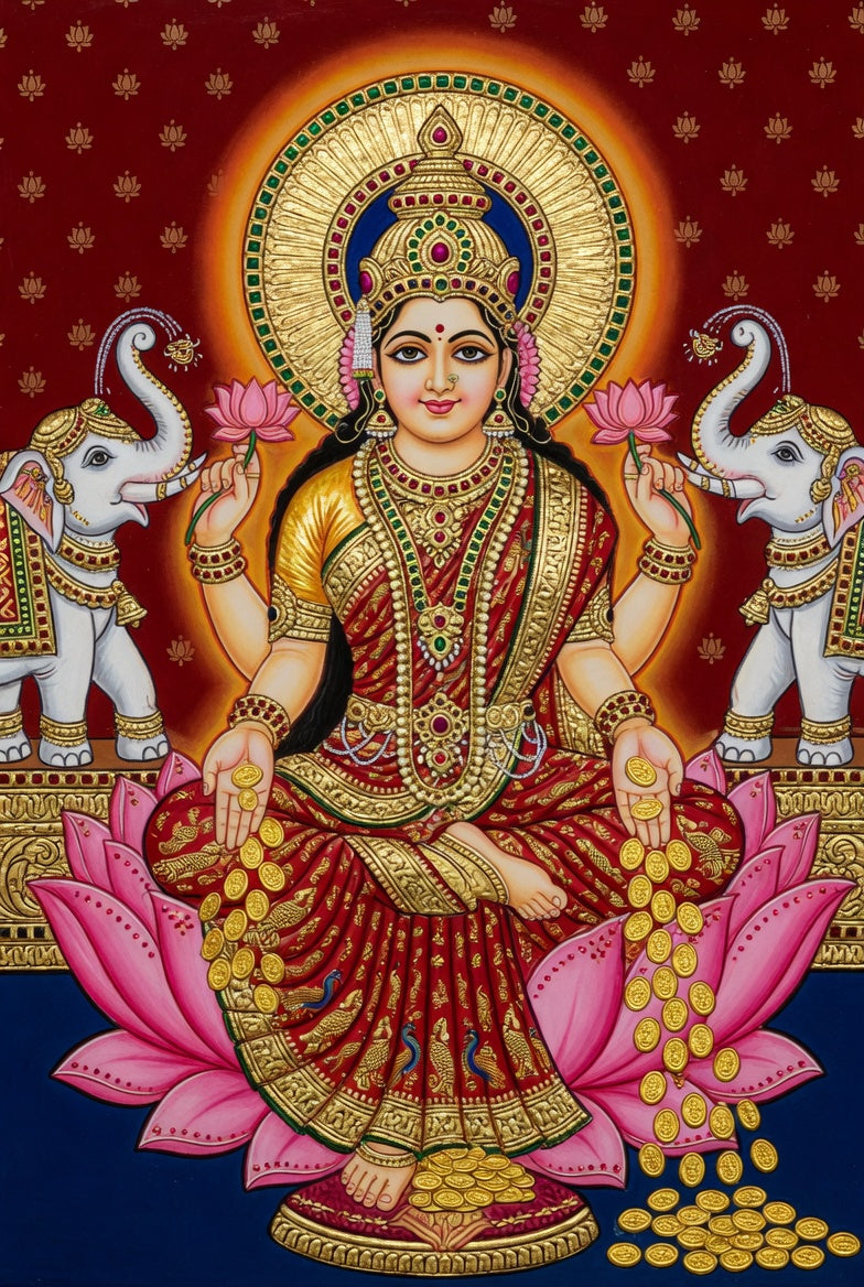 Lakshmi in tanjore style — abundance without performance
