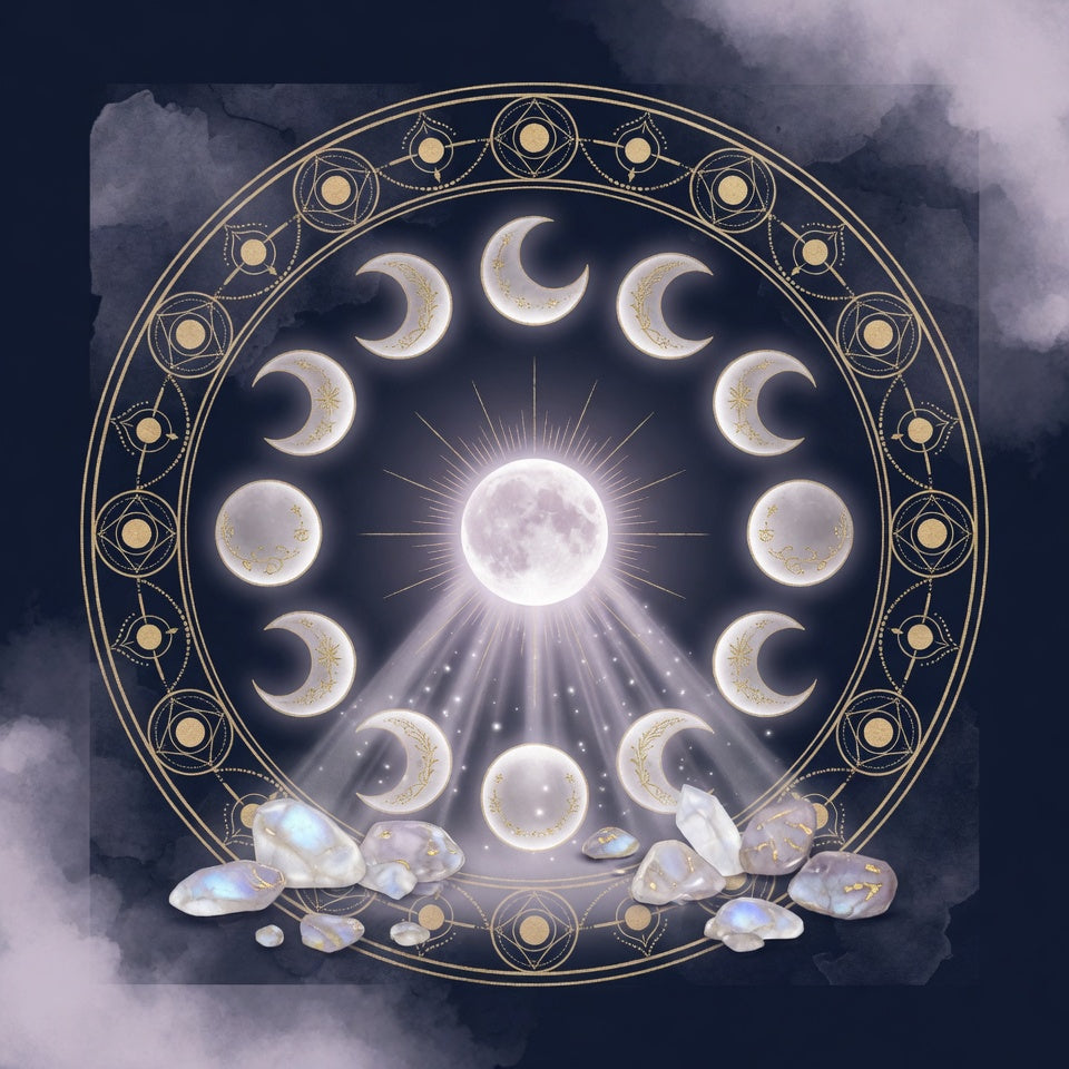 A plain diagram of the eight phases of the lunar cycle