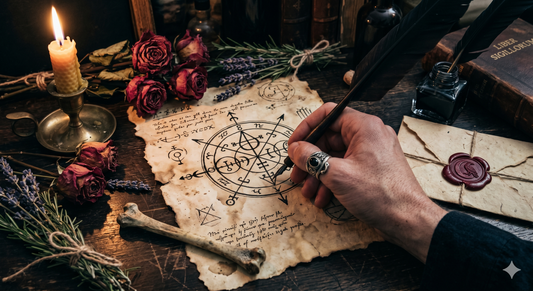 A practitioner drawing a sigil with quill and ink