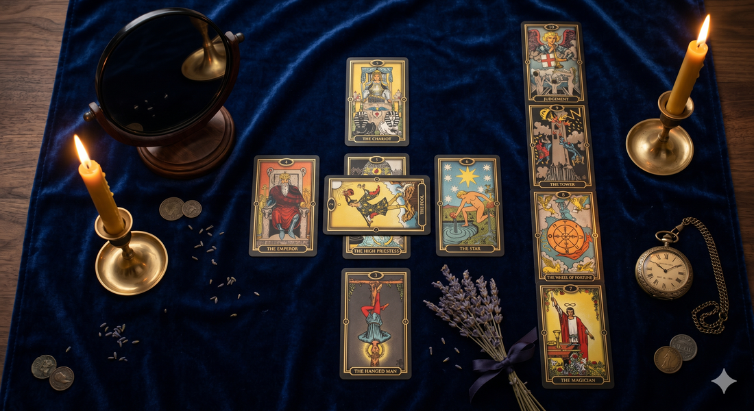 A tarot celtic cross spread laid out by candlelight