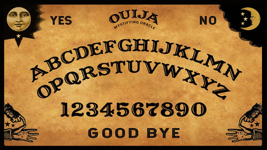 A planchette resting on a vintage spirit board