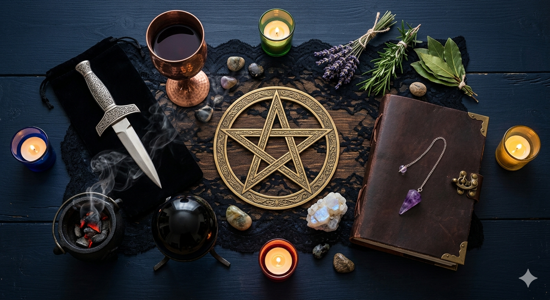 A Wiccan altar with pentacle — the symbol plainly