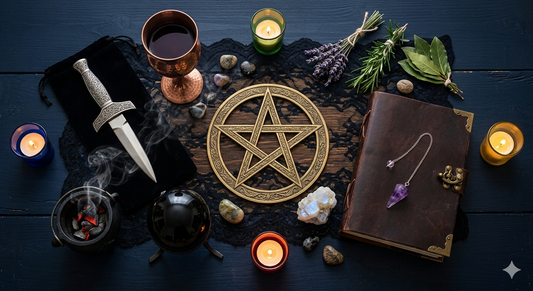 A Wiccan altar with pentacle — the symbol plainly
