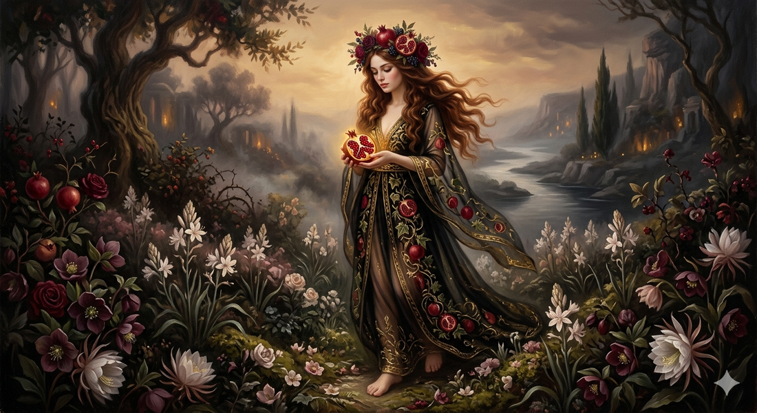 Persephone descending with pomegranate seeds