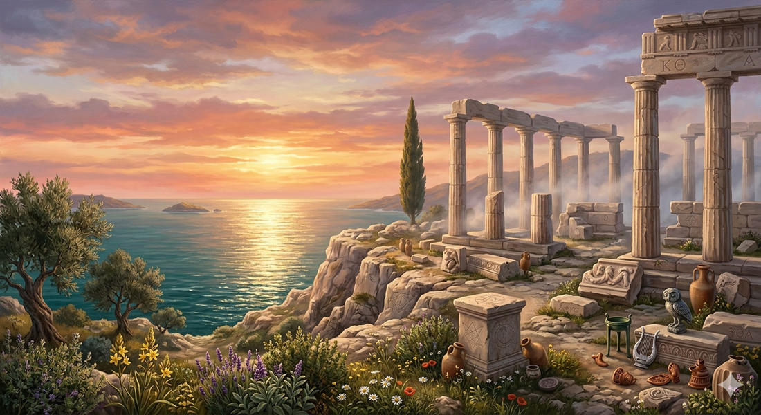 Ancient Greek temple ruins at sunset — the plateau of forgotten gods
