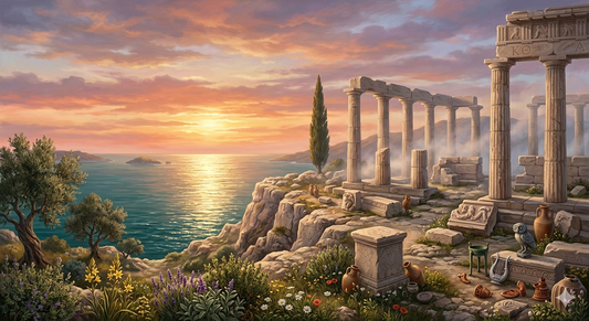Ancient Greek temple ruins at sunset — the plateau of forgotten gods