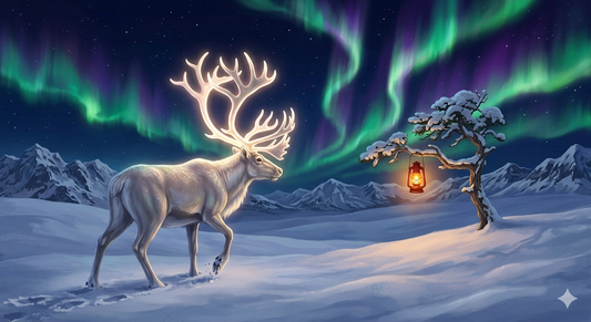A reindeer at the edge of an aurora