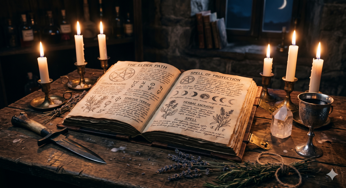 An open grimoire on a Rosicrucian candlelit altar