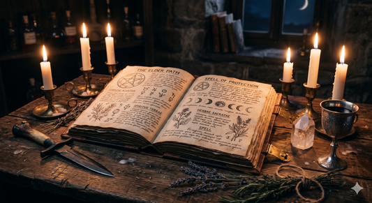 An open grimoire on a Rosicrucian candlelit altar