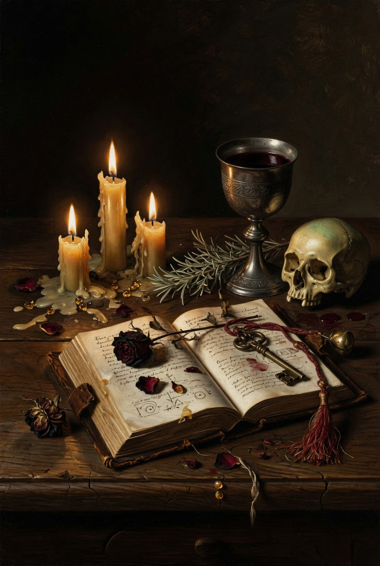 A small Caravaggio-lit altar with a single candle and a book