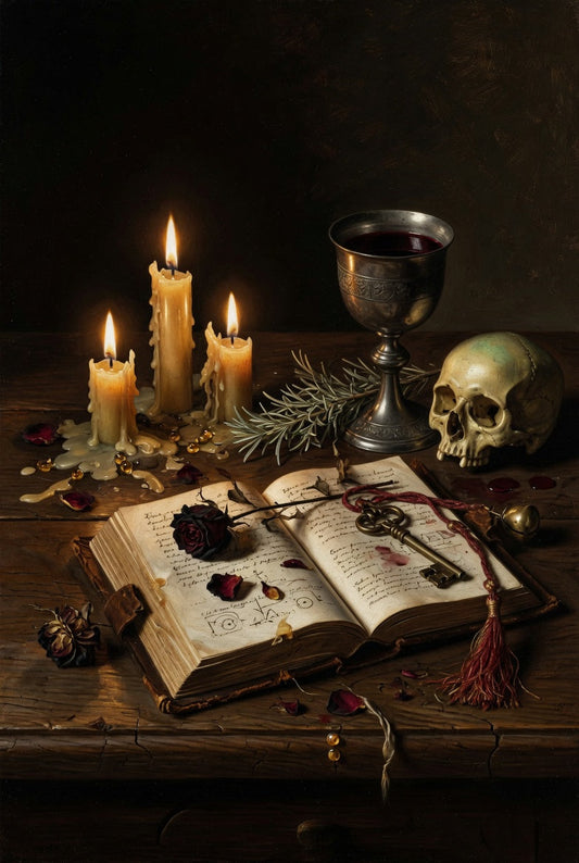 A small Caravaggio-lit altar with a single candle and a book
