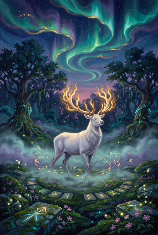 A stag at dusk under aurora and runes