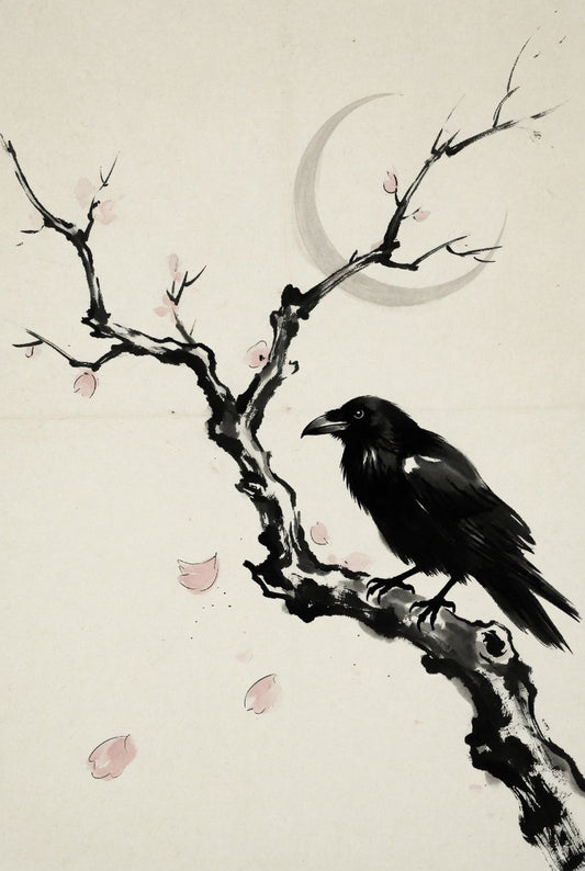 Sumi-e ink painting of a raven beneath a crescent moon