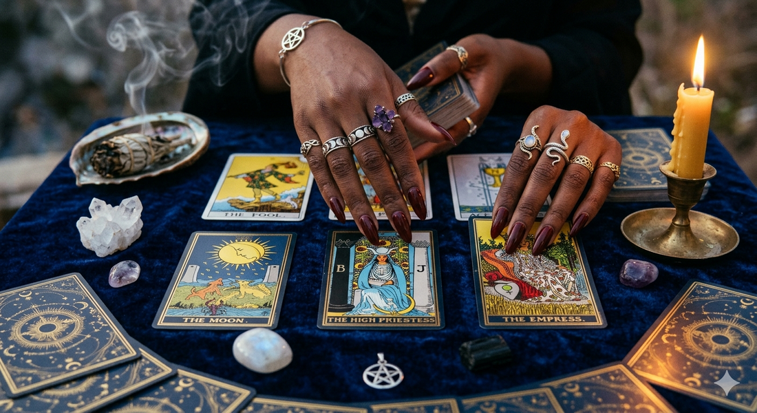 Hands reading tarot cards by candlelight