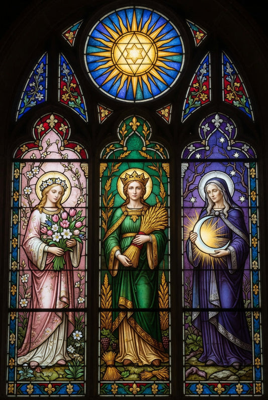 Stained glass triple goddess at the window