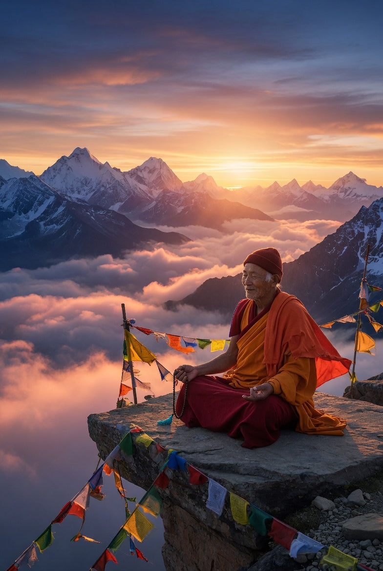 A Tibetan monk at Himalayan sunrise — the patience of practice